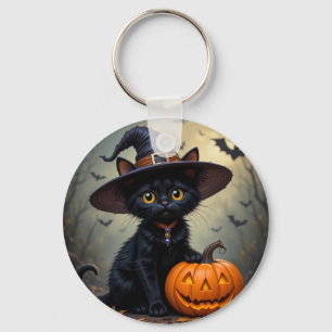 Chaveiro Gato Preto Adorável Vestindo Chapéu de Bruxa
