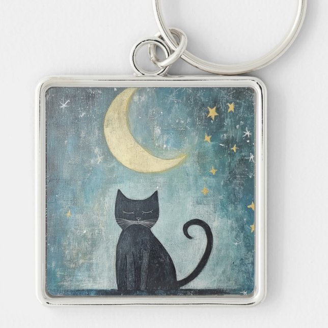Chaveiro Gato Preto Adormecido com Lua Crescente e Estrelas (Frente)