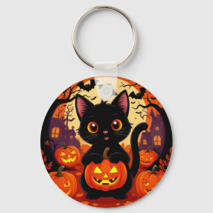 Chaveiro Gato Preto Bonito com Pumpkins do Halloween