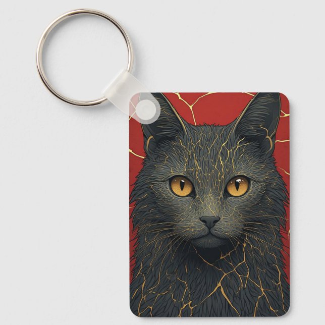 Chaveiro Gato Preto Com Acento De Rachaduras Kintsugi Doura (Frente)
