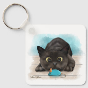 Chaveiro Gato Preto com Cartoon de Rato de Brinquedo