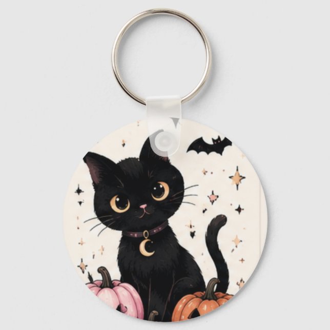 Chaveiro Gato Preto com Colar de Lua Abóbora Rosa (Frente)