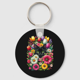 Chaveiro Gato Preto Cuta-Boho Escondendo-Se Nas Flores De M