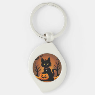 Chaveiro Gato Preto de Halloween Cercado por Jack-o'-Lanter