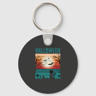 Chaveiro Gato Preto De Halloween Lua Cemitério Vetor Retro