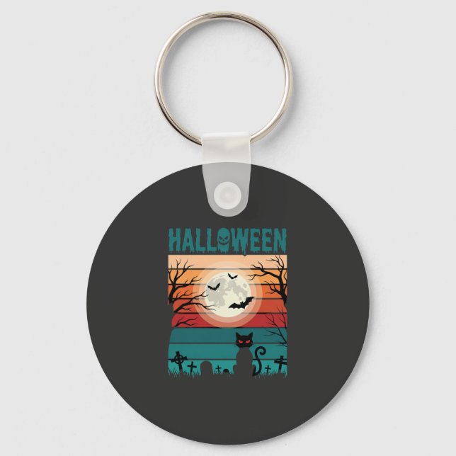 Chaveiro Gato Preto De Halloween Lua Cemitério Vetor Retro  (Frente)