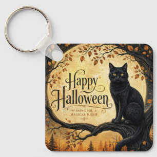 Chaveiro Gato Preto do Dia das Bruxas Lua Cheia Árvore
