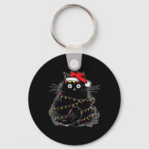 Chaveiro Gato Preto do Papai Noel Emaranhado na Luz da Árvo