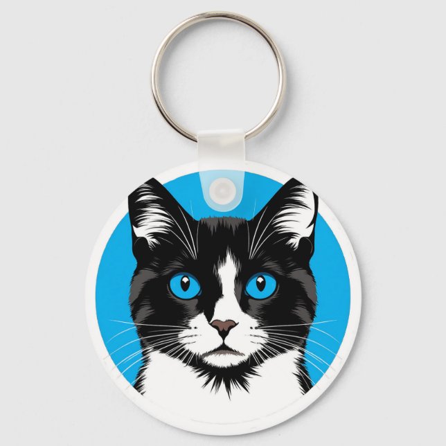 Chaveiro Gato Preto e Branco com Olhos Azuis (Frente)