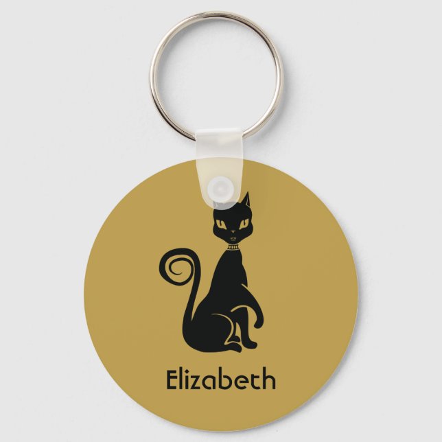 Chaveiro Gato preto elegante em fundo Dourado personalizado (Frente)
