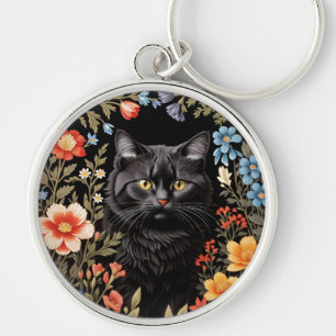 Chaveiro Gato Preto Elegante Floral Colorido