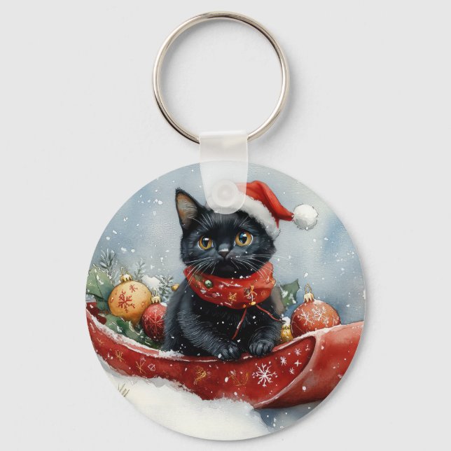 Chaveiro Gato Preto em Trenó Deixe Nevar Natal (Frente)
