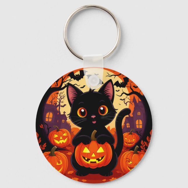 Chaveiro Gato Preto Fofo com Abóboras de Halloween (Frente)