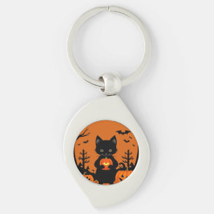 Chaveiro Gato Preto Fofo com Abóboras de Halloween