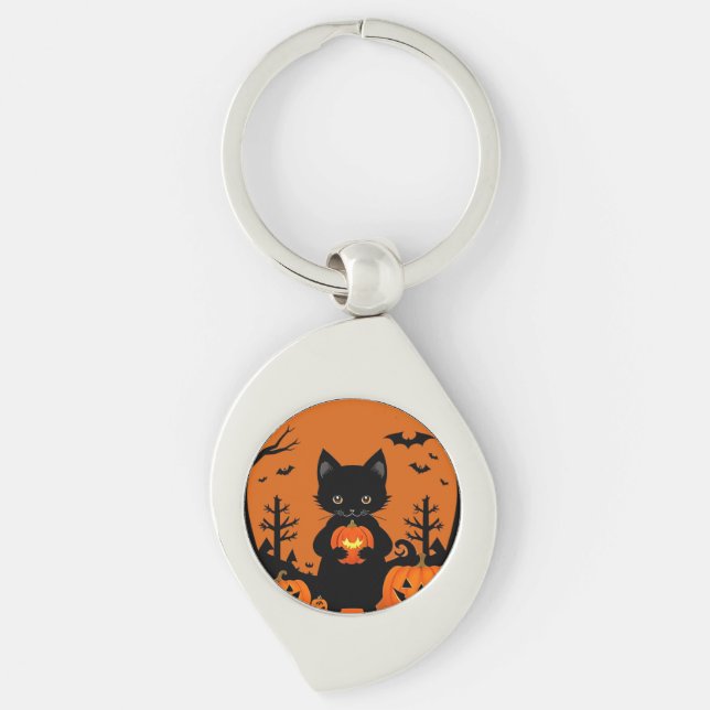 Chaveiro Gato Preto Fofo com Abóboras de Halloween (Frente)