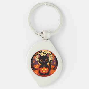 Chaveiro Gato Preto Fofo com Abóboras de Halloween