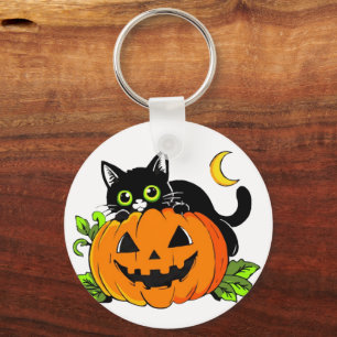 Chaveiro Gato Preto Fofo no Abóbora de Halloween Jack-O'-La