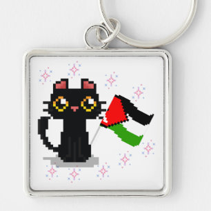 Chaveiro gato preto fofo segura bandeira da Palestina
