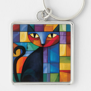 Chaveiro Gato Preto Geométrico Vidro Pintado Grade