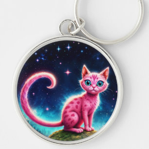Chaveiro Gato rosa fantástico na floresta mágica estelar no