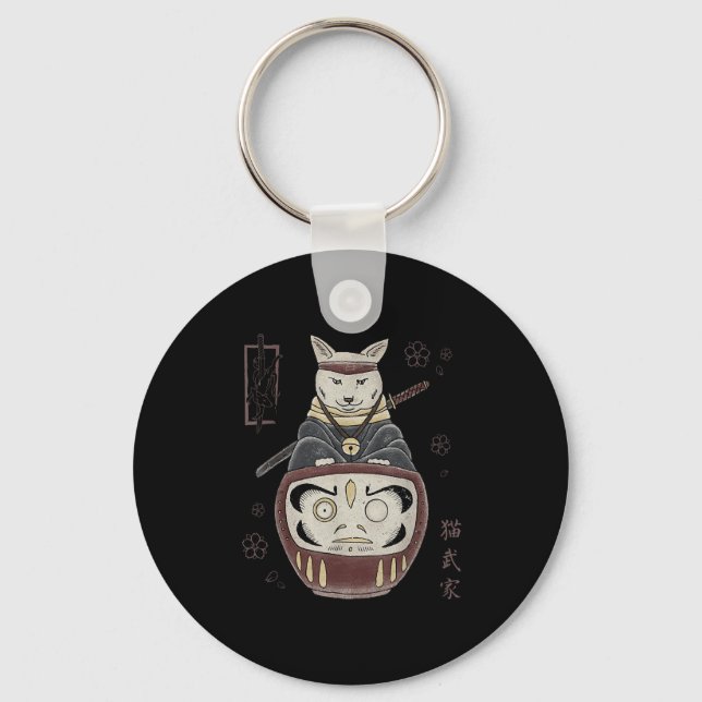 Chaveiro Gato Samurai Ninja Japonês Sobre Daruma Tradiciona (Frente)