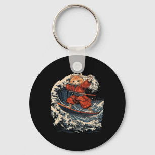 Chaveiro Gato Samurai Surfando Grande Onda Ronin Katana