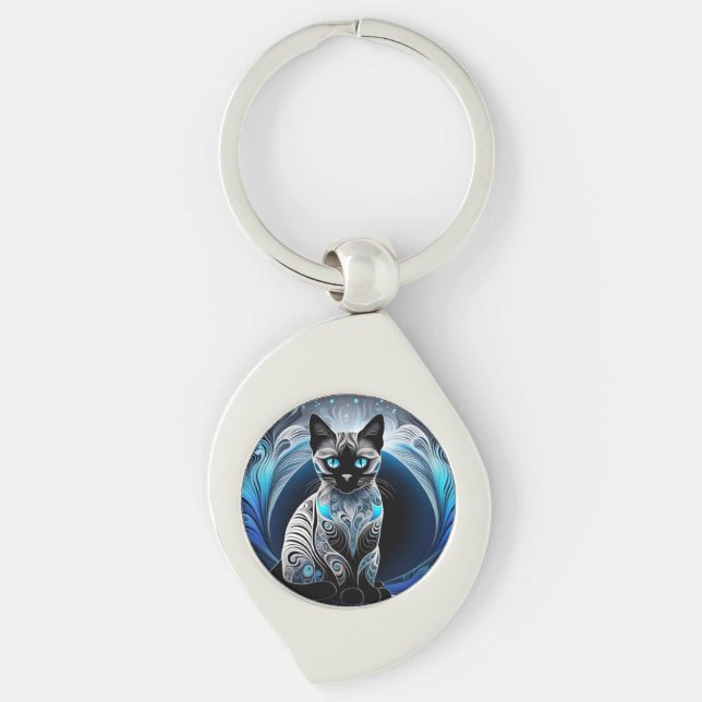 Chaveiro Gato siamês, abstrato preto azul e branco (Frente)