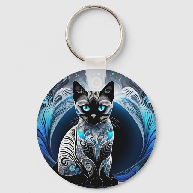 Chaveiro Gato siamês, abstrato preto azul e branco (Verso)