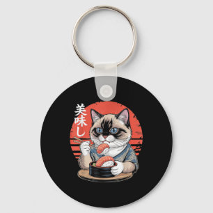 Chaveiro Gato siamês japonês comendo sushi Kawaii Anime Cat