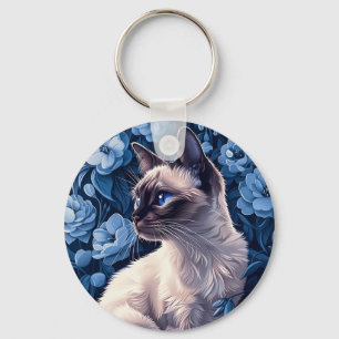 Chaveiro Gato Siamês nas Flores Azuis
