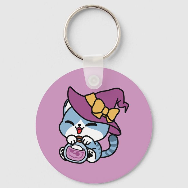 Chaveiro Gato Tabby de Halloween – Arte de Chapéu de Bruxa  (Frente)