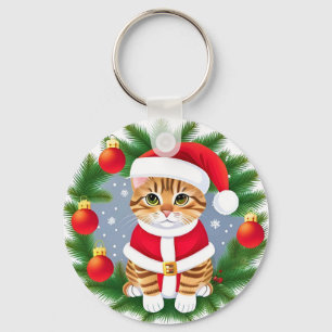 Chaveiro Gato Tabby Fofo com Roupa de Papai Noel
