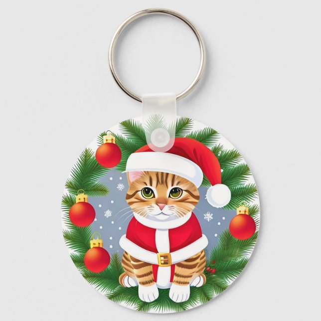 Chaveiro Gato Tabby Fofo com Roupa de Papai Noel (Frente)