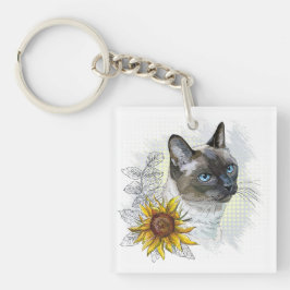 Chaveiro Gato tailandês engraçado desenhando mão com flores