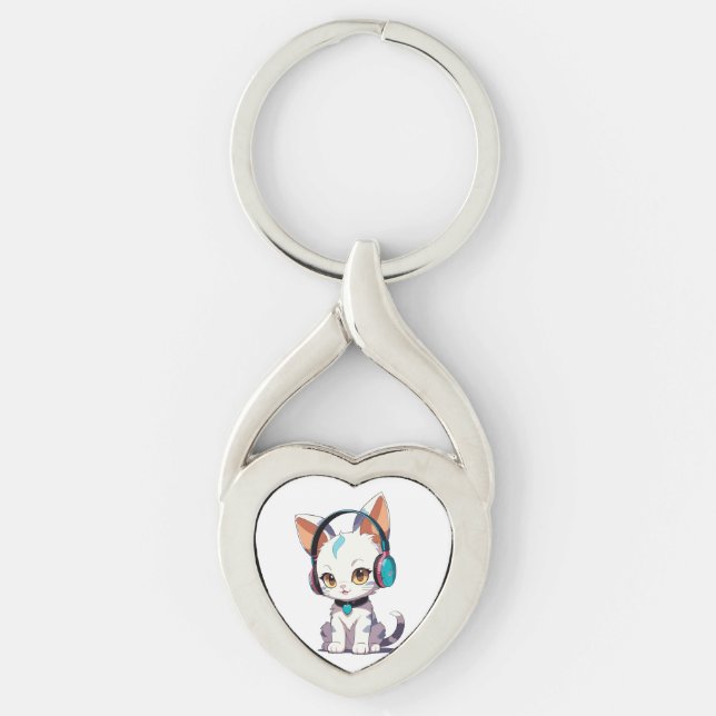 Chaveiro Gatos bonitos com Fones de ouvido (Frente)