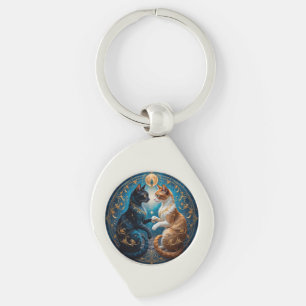 Chaveiro Gatos Celestiais em Arte Cósmica com Ouro e Azul