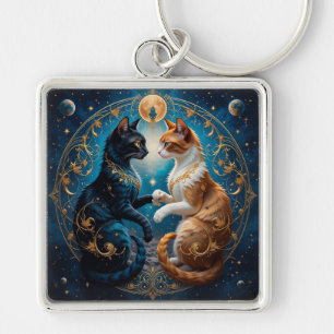 Chaveiro Gatos Celestiais em Arte Cósmica com Ouro e Azul