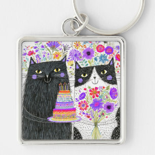 Chaveiro Gatos de Aniversário com Buquê Floral Caprichoso