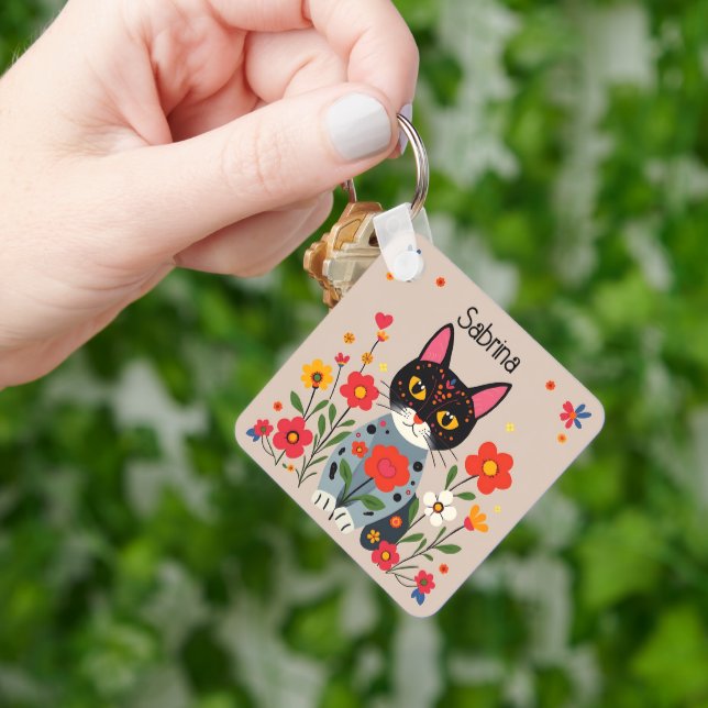 Chaveiro Gatos de arte popular e flores personalizadas (Mão)