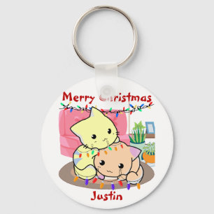 Chaveiro Gatos de natal no tapete, nome personalizado