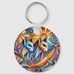 Chaveiro Gatos Geométricos Abstratos com Cores Vibrantes