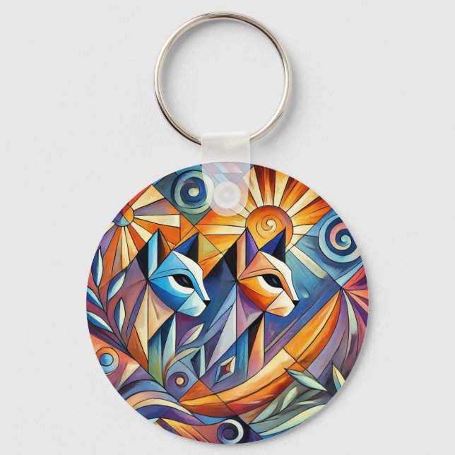 Chaveiro Gatos Geométricos Abstratos com Cores Vibrantes (Frente)