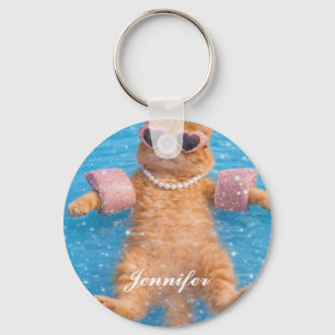Chaveiro Gatos Glamurosos à Beira da Piscina Flutuando com