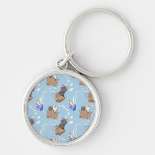 Chaveiro Gatos na caixa e leite cai em azul