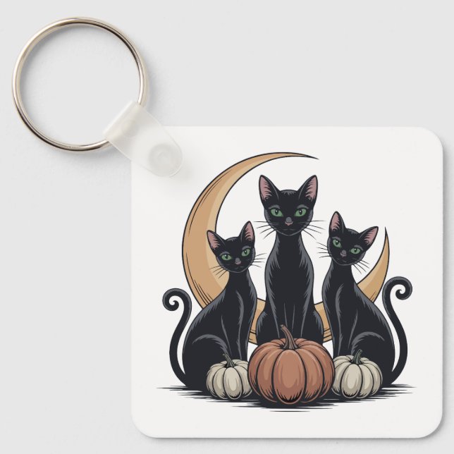 Chaveiro Gatos Pretos Whimsigothia Abóbora Lua Halloween (Frente)