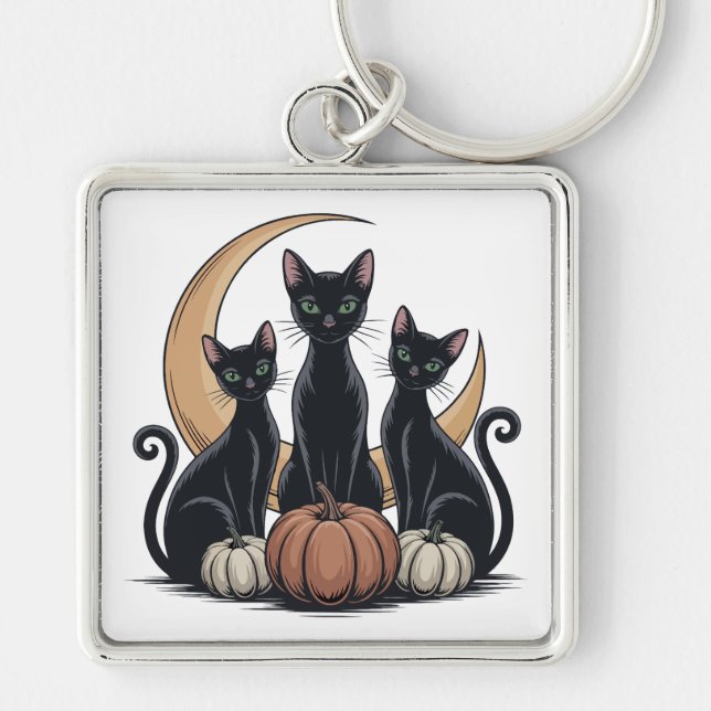 Chaveiro Gatos Pretos Whimsigothia Abóbora Lua Halloween (Frente)