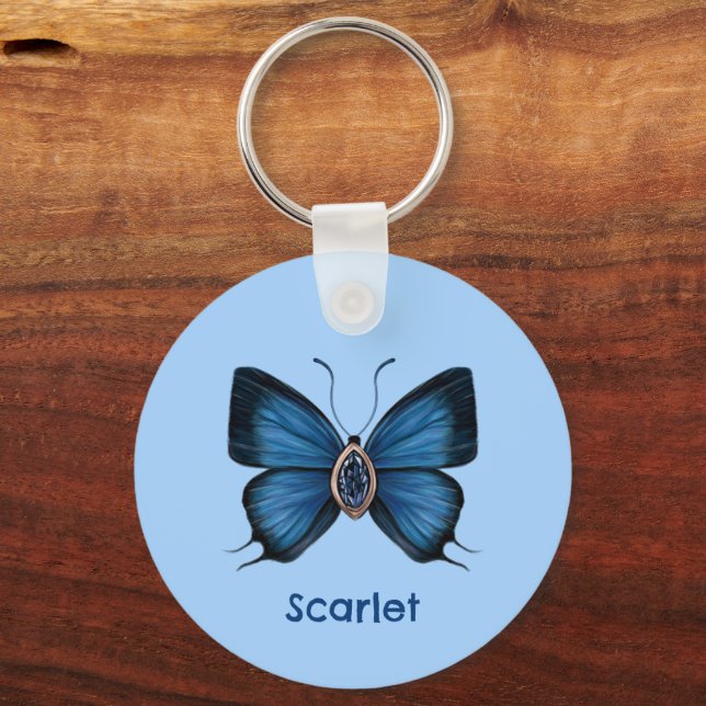 Chaveiro Gemstone personalizado da borboleta azul-apphire (Verso)