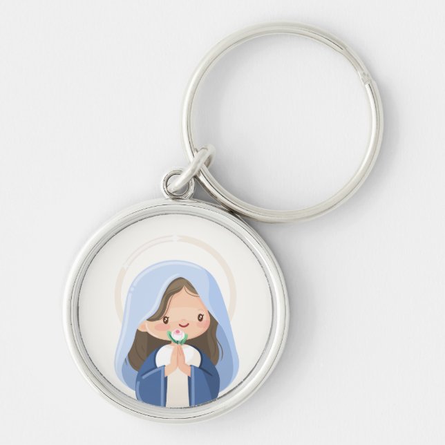 Chaveiro Gentil Kawaii Virgem Maria com Flor – Branco (Frente)