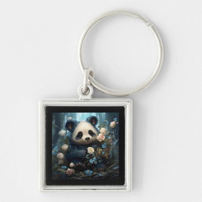 Chaveiro Gentil Urso Panda Entre Rosas Selvagens (Frente)