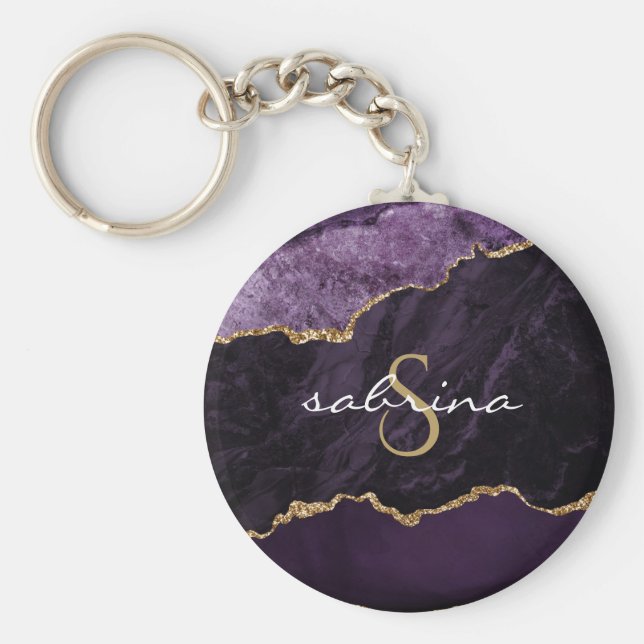 Chaveiro Geodo de Ágata Monograma Roxo Dourado (Frente)